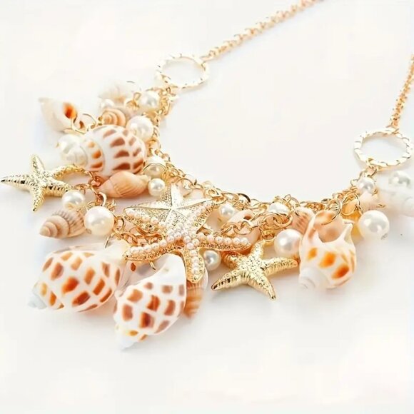 Shell Necklace Starfish Beach Ocean Conch Vacation Sea Pearls Fun Summer Layered - Picture 2 of 3